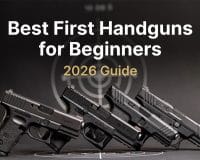 Cover image for a guide: several handguns lined up with bold white title 'Best First Handguns for Beginners' and '2026 Guide' text behind them.