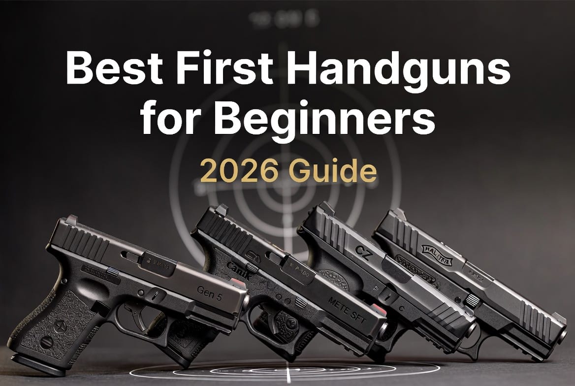 Cover image for a guide: several handguns lined up with bold white title 'Best First Handguns for Beginners' and '2026 Guide' text behind them.
